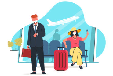 Air travel after the pandemic vector illustration. People wearing protective masks are waiting for a flight at the airport. Maintaining social distance in a public place. Modern flat style.