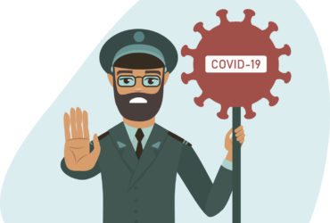 COVID-19  2019-nCoV concept. closing the country borders during coronavirus outbreak.  officer holding STOP  COVID-19 sign.  flat vector illustration