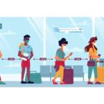 Airport, people in masks, travel and social distance, coronavirus safety vector cartoon flat. People at airport social distance line boarding to flight with luggage, covid 19 epidemic tourism